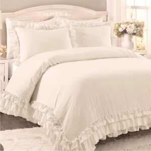 Simply Shabby Chic White/Tan Linen/Cotton Raw Edge Ruffled Duvet Set - King